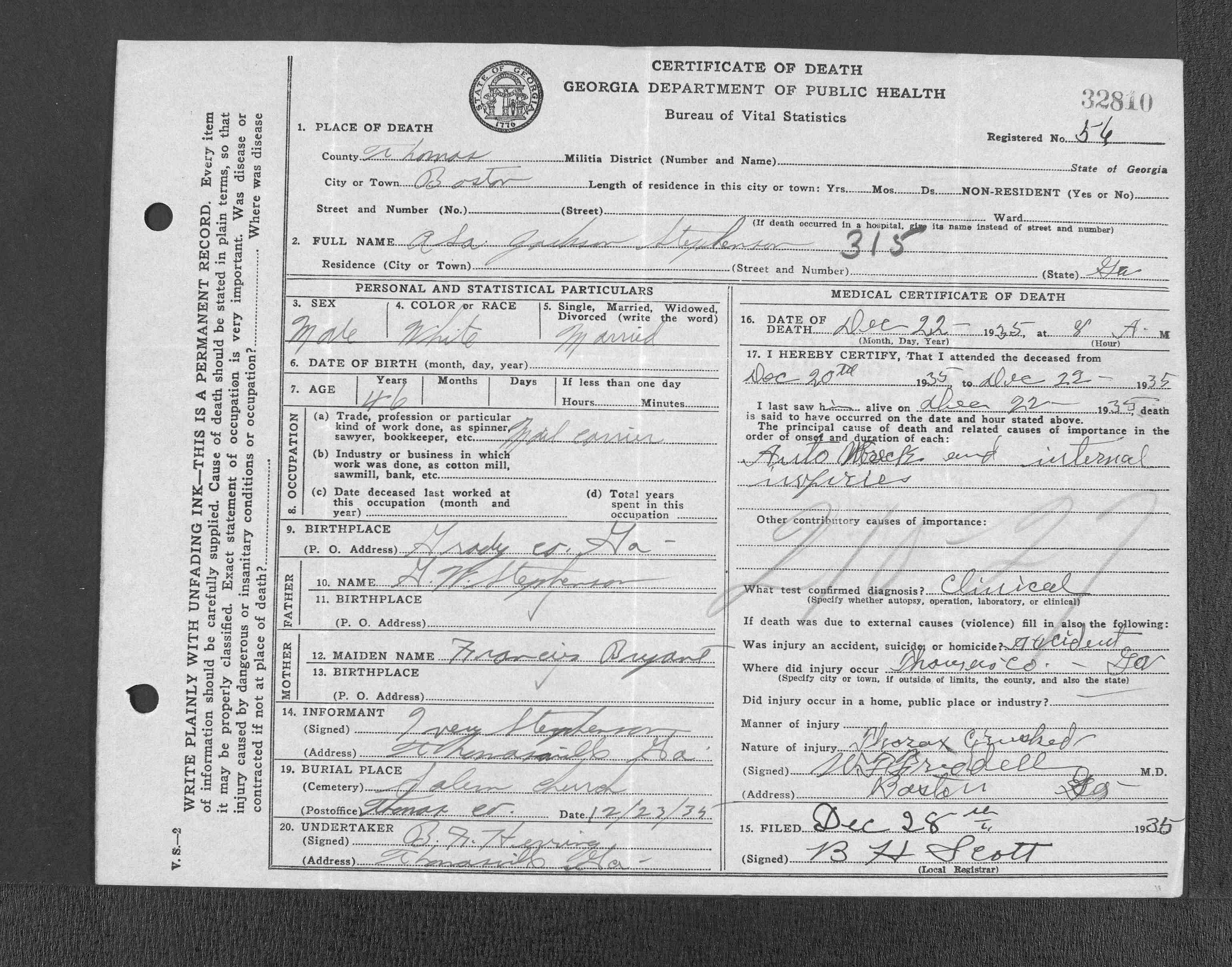 Death Certificate of Asa Jackson